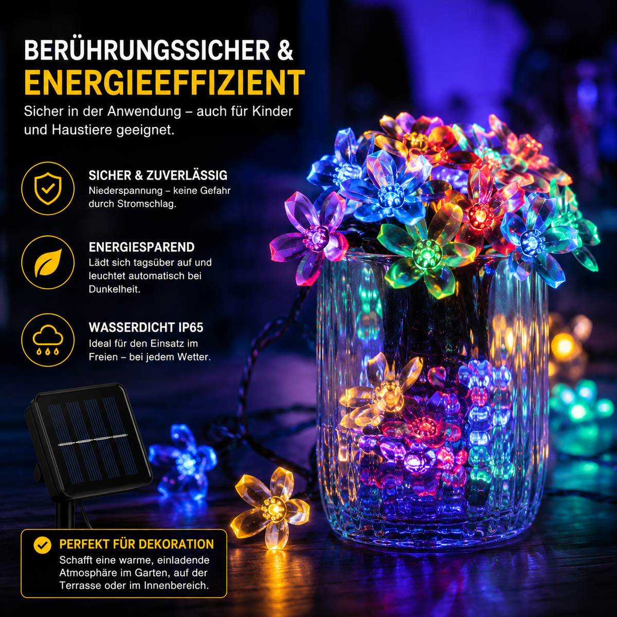 Berührungssichere Solar Blumenlichterkette mit energiesparenden LED-Blumen für Garten, Balkon und Terrasse.
