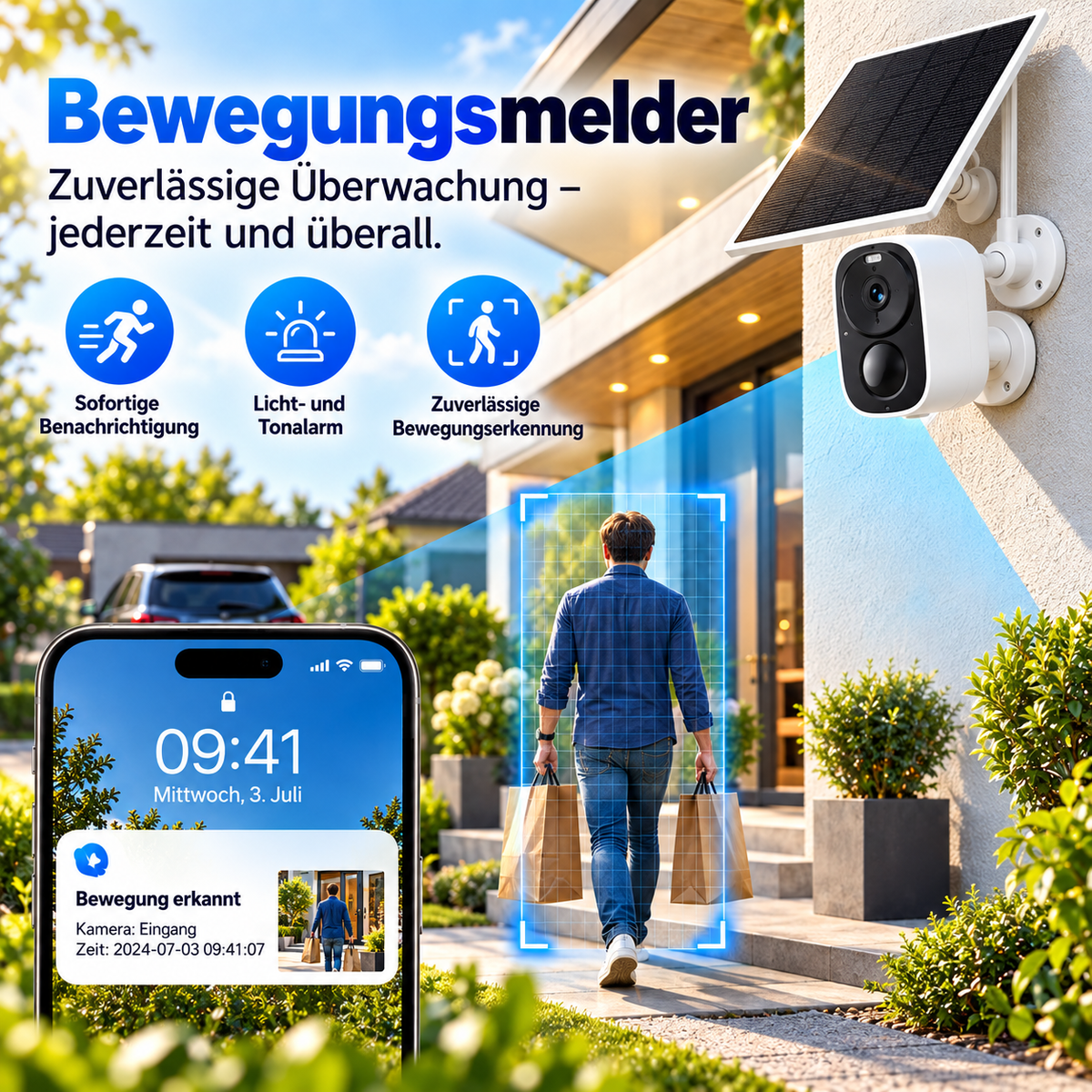 Solar Überwachungskamera mit Bewegungsmelder erkennt Person am Hauseingang und sendet Benachrichtigung aufs Smartphone