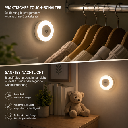 Blendfreies LED Nachtlicht mit Touch-Schalter für Kleiderschrank, Kinderzimmer und Schlafzimmer
