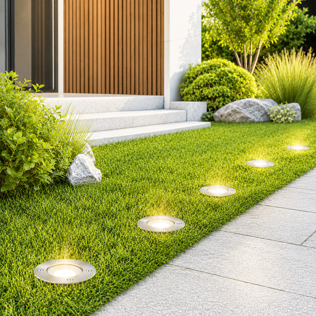 Bodeneinbauleuchten sorgen für stimmungsvolle Gartenbeleuchtung.
