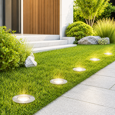 Bodeneinbauleuchten sorgen für stimmungsvolle Gartenbeleuchtung.
