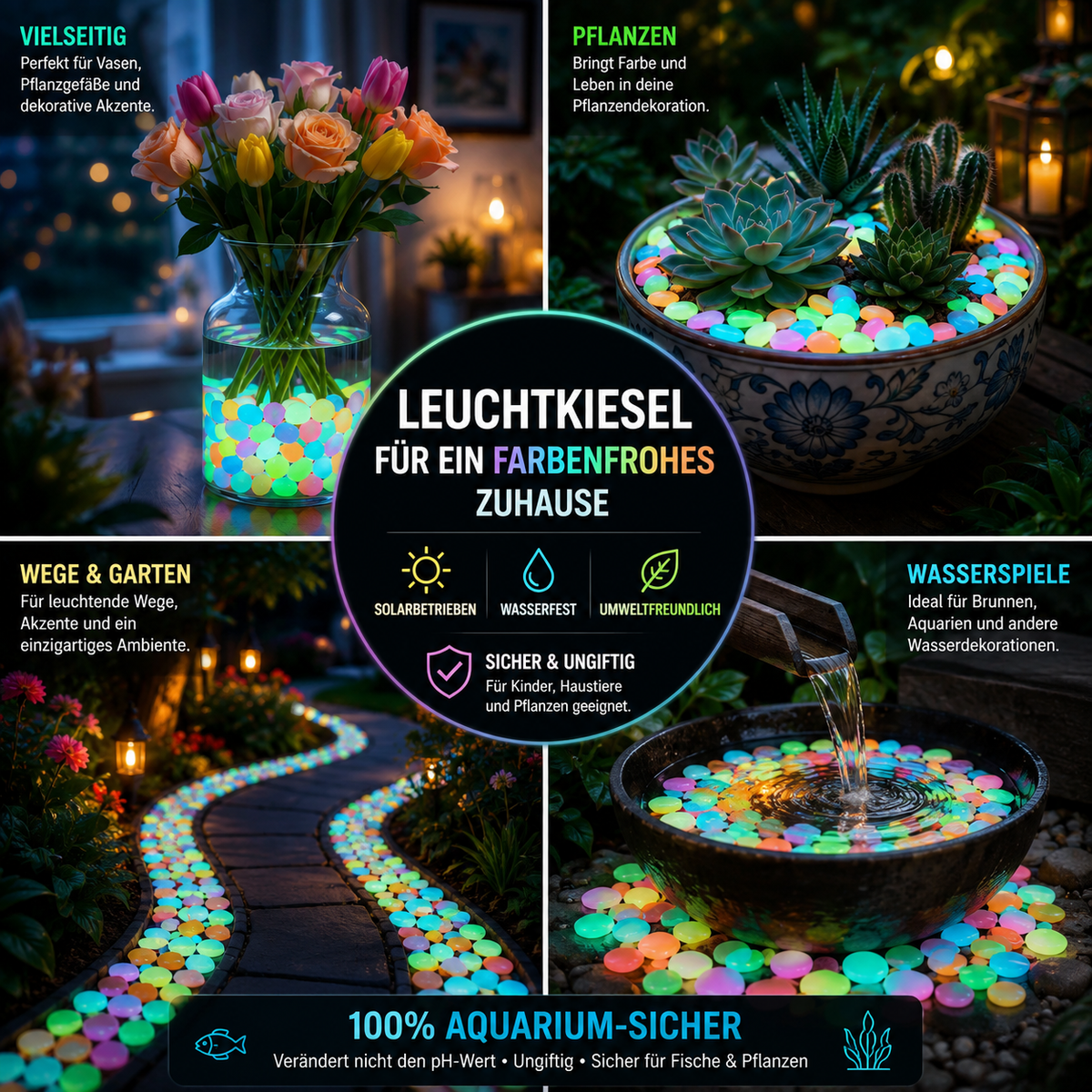 Bunte Leuchtkiesel als Dekoration für Vase, Pflanzen, Gartenwege und Wasserspiele – vielseitig einsetzbare Solar-Dekosteine.