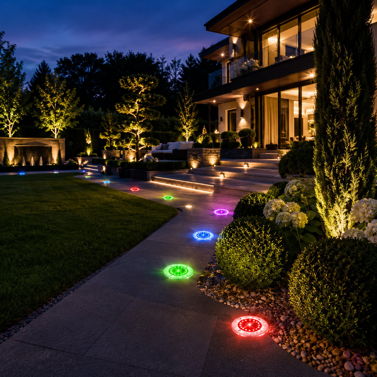 Bunte Solar-Bodenleuchten beleuchten Gartenweg und Landschaft stilvoll bei Nacht
