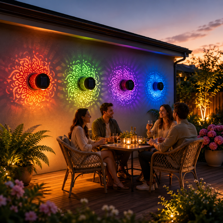 Bunte Solar-Wandleuchten mit dekorativer Mandala-Projektion schaffen stimmungsvolle Beleuchtung auf der Terrasse
