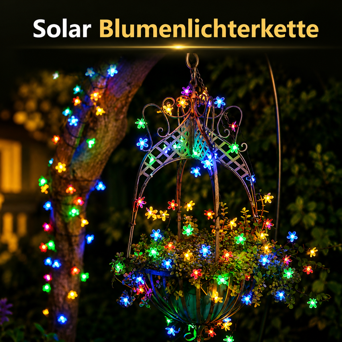 Bunte Solar Blumenlichterkette dekoriert Pflanzen, Bäume und Hängekörbe mit stimmungsvollem LED-Licht.
