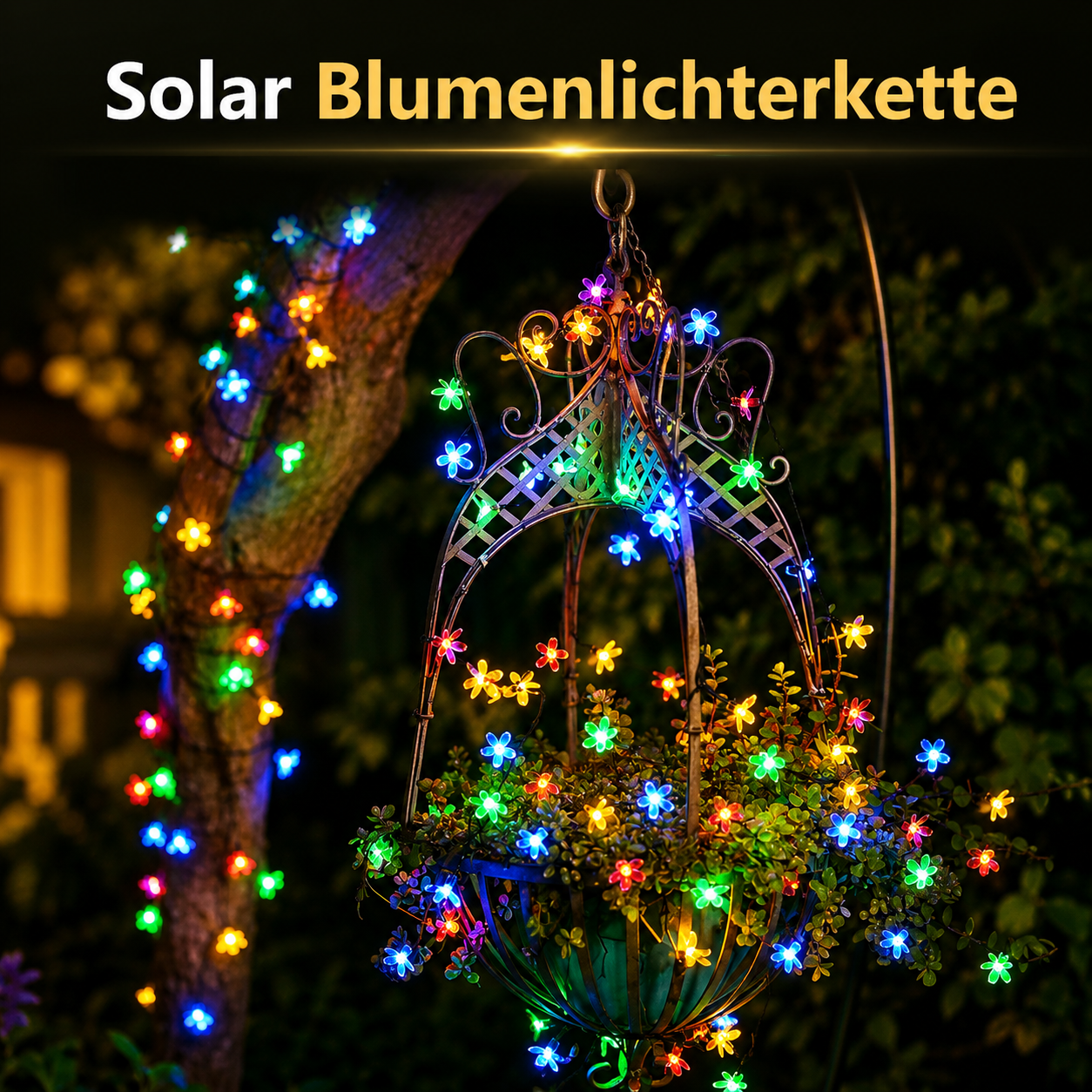 Bunte Solar Blumenlichterkette dekoriert Pflanzen, Bäume und Hängekörbe mit stimmungsvollem LED-Licht.
