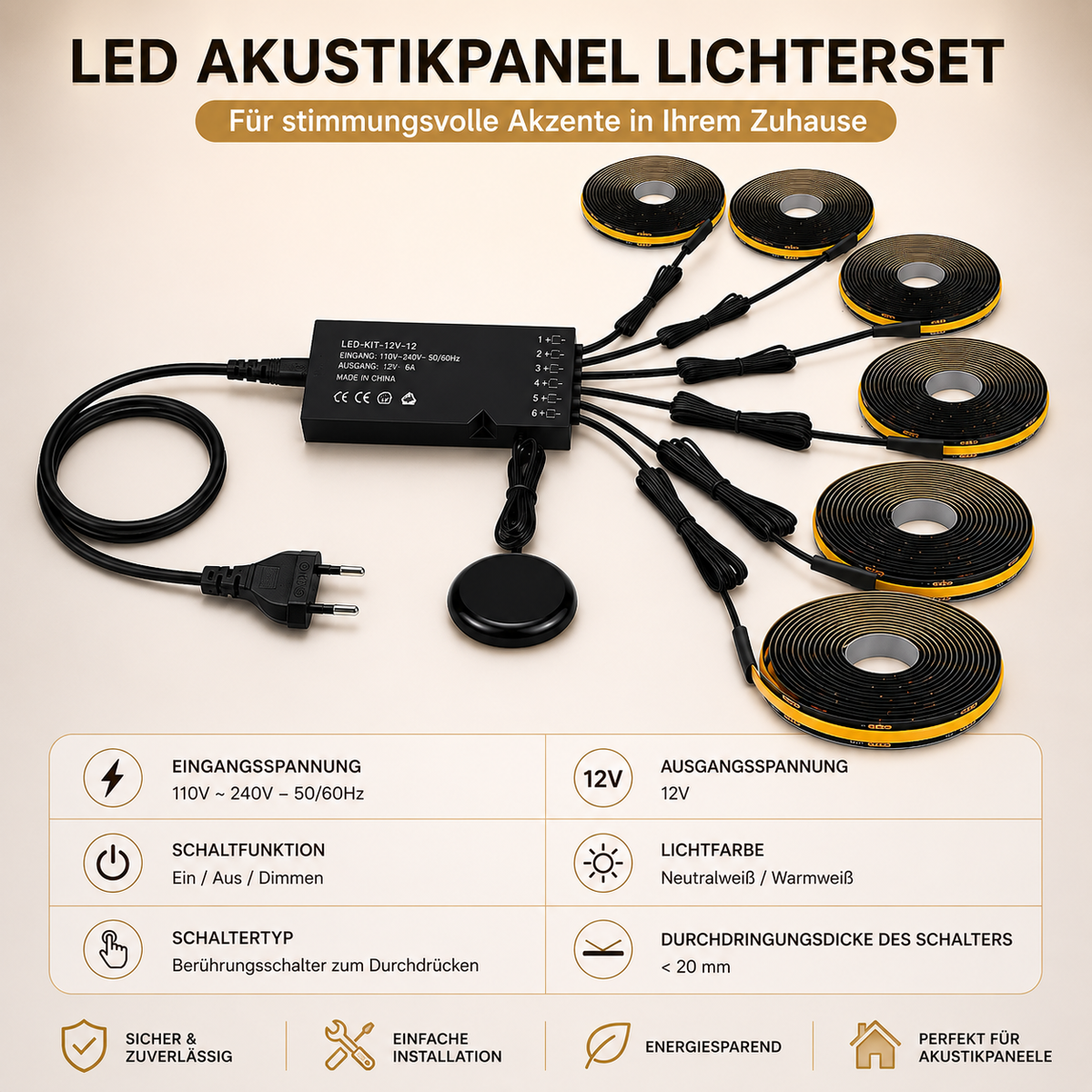 COB LED Lichtstreifen Komplettset mit Touch-Sensor, Netzteil und 2 m Anschlusskabel für Akustikpaneele

