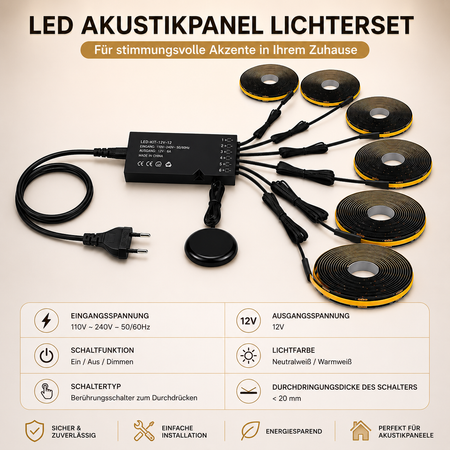 COB LED Lichtstreifen Komplettset mit Touch-Sensor, Netzteil und 2 m Anschlusskabel für Akustikpaneele
