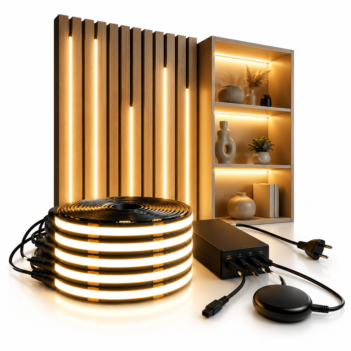 COB LED Lichtstreifen Komplettset mit Touch-Sensor, Netzteil und warmweißer Beleuchtung vor Akustikpaneelen und beleuchtetem Regal – ideal für Möbel, Vitrinen und stilvolle Wohnraumbeleuchtung.