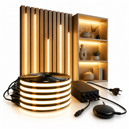 COB LED Lichtstreifen Komplettset mit Touch-Sensor, Netzteil und warmweißer Beleuchtung vor Akustikpaneelen und beleuchtetem Regal – ideal für Möbel, Vitrinen und stilvolle Wohnraumbeleuchtung.