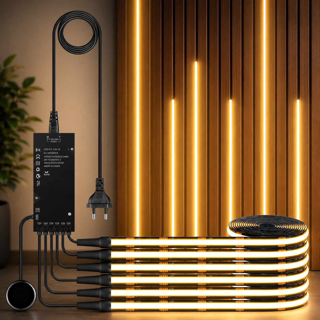 COB LED Lichtstreifen Komplettset mit Touch-Sensor und Netzteil für Akustikpaneele, Möbel- und Regalbeleuchtung in Warmweiß
