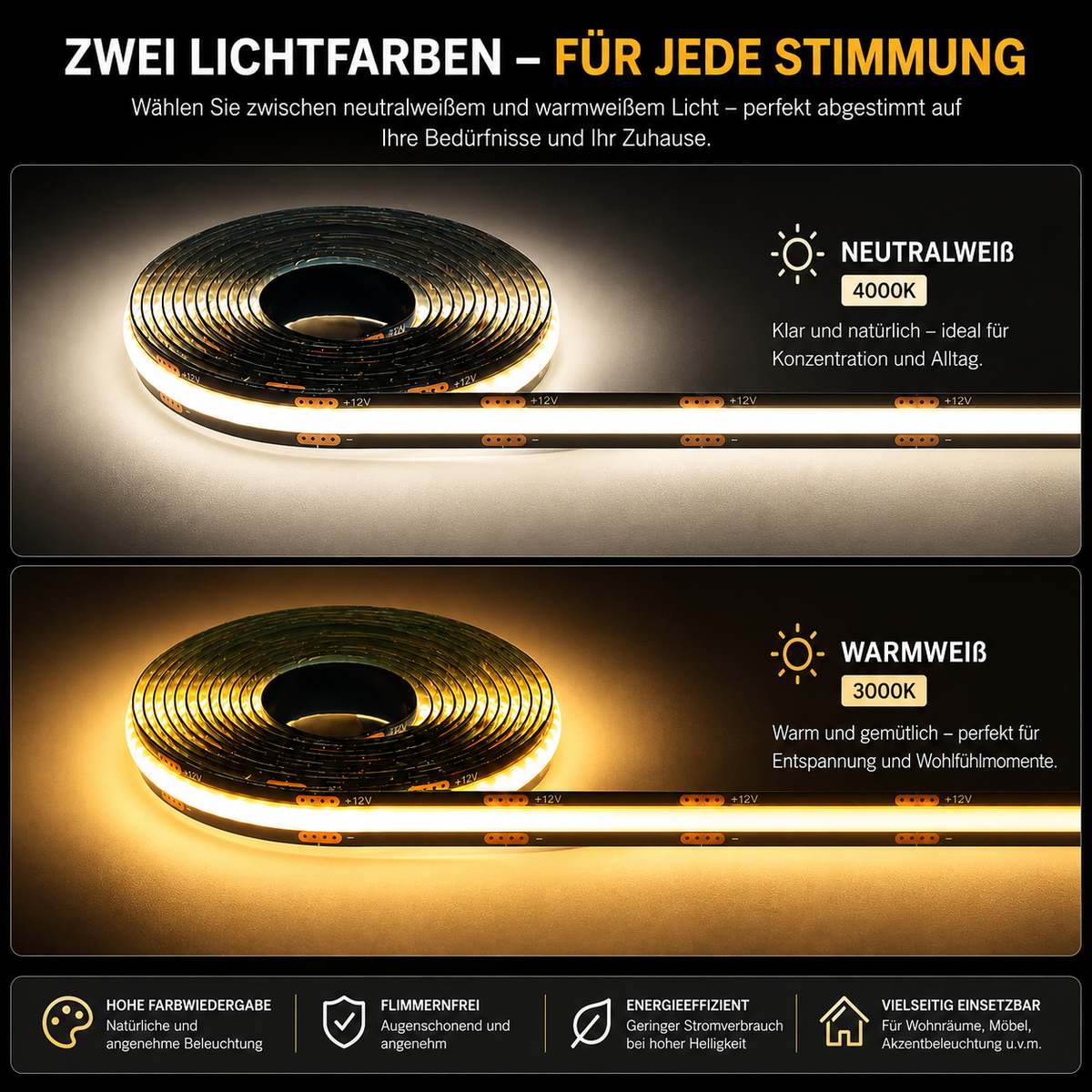 COB LED Lichtstreifen in Neutralweiß 4000K und Warmweiß 3000K für individuelle Wohnraumbeleuchtung
