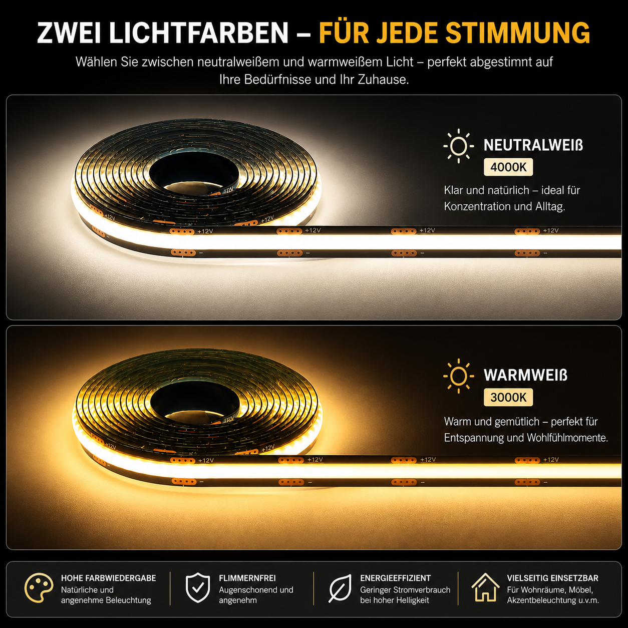 COB LED Lichtstreifen in Neutralweiß 4000K und Warmweiß 3000K für individuelle Wohnraumbeleuchtung
