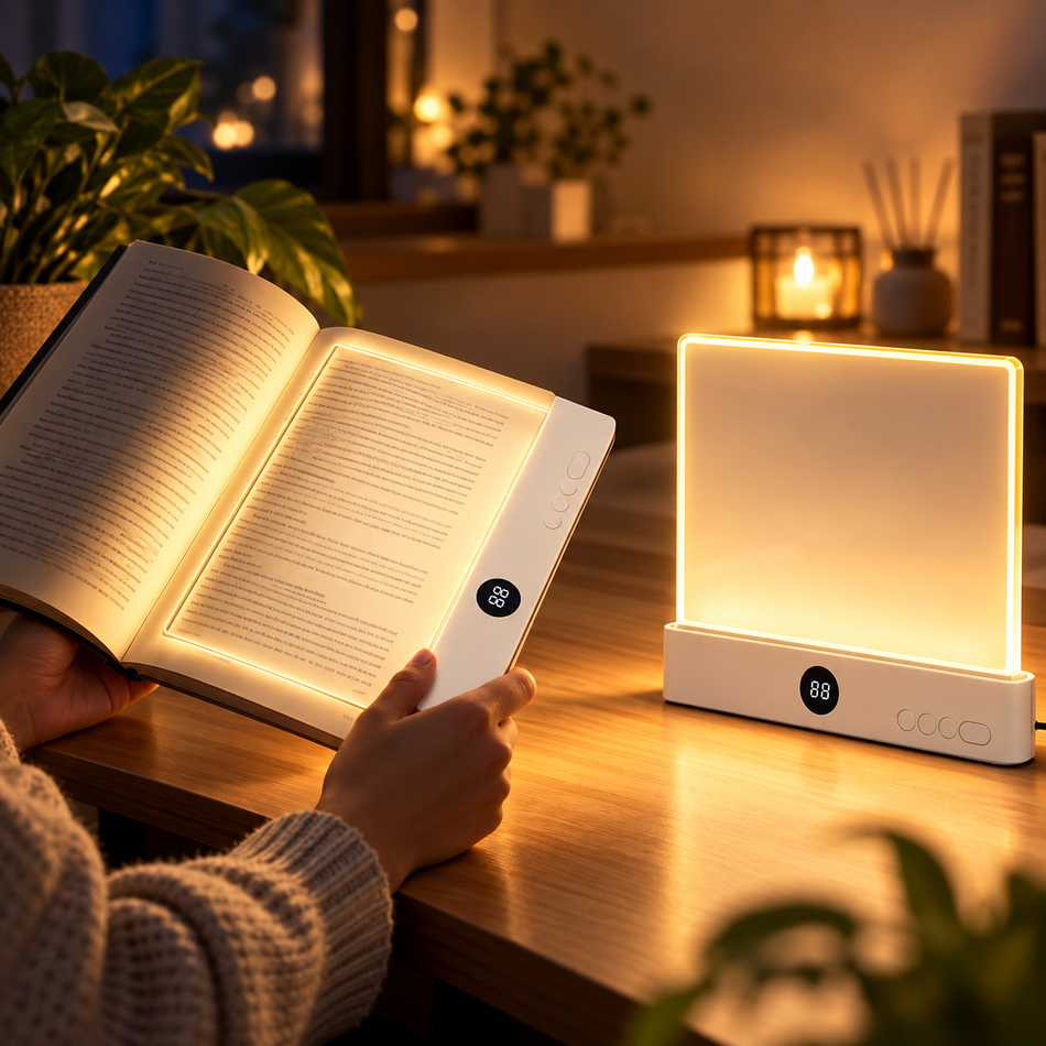 LED-Leseplatte beleuchtet ein Buch in der Hand, daneben eine zweite als Nachtlicht auf dem Tisch.