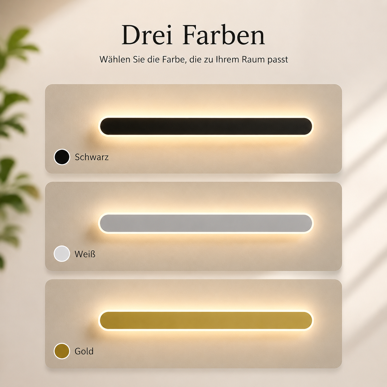LED Wandleuchte erhältlich in Schwarz, Weiß und Gold für moderne Wohnräume.

