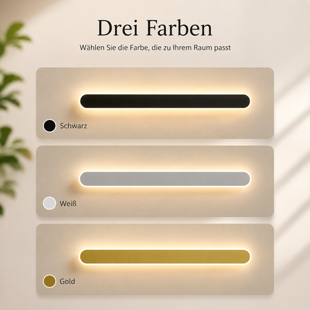 LED Wandleuchte erhältlich in Schwarz, Weiß und Gold für moderne Wohnräume.
