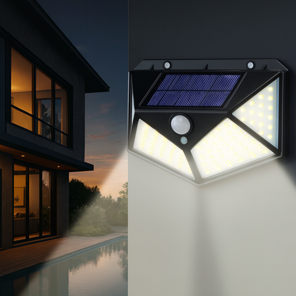 100 LED Solar Wandleuchte mit Bewegungsmelder - Wasserdichte Außenbeleuchtung