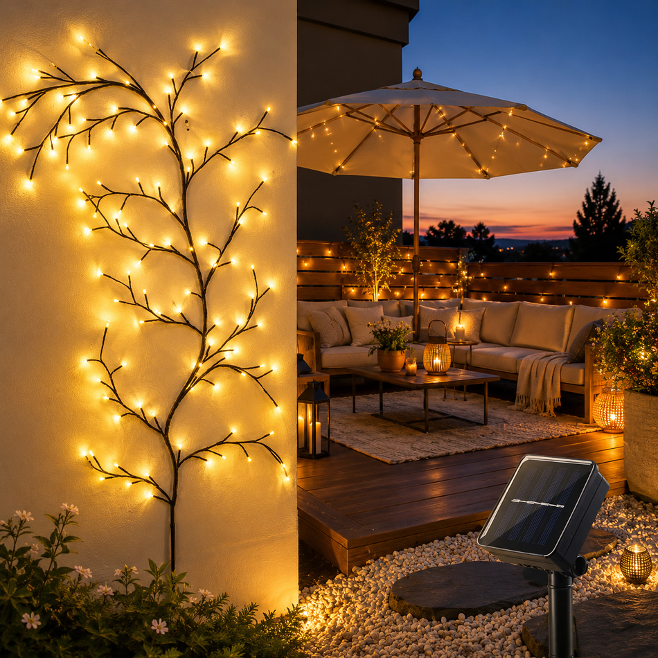 Weiden-Lichterkette, Solar oder USB, 96 LED, 8 Modi, wasserdicht