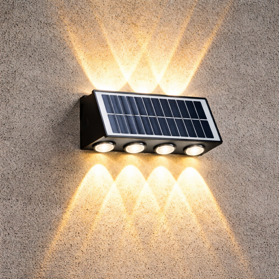 Solar Wandleuchte IP65, Beleuchtung oben und unten, Warmweiß und Mehrfarbig