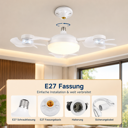 Deckenventilator mit E27-Fassung für die einfache Montage in vorhandene Lampenfassungen ohne Werkzeug.