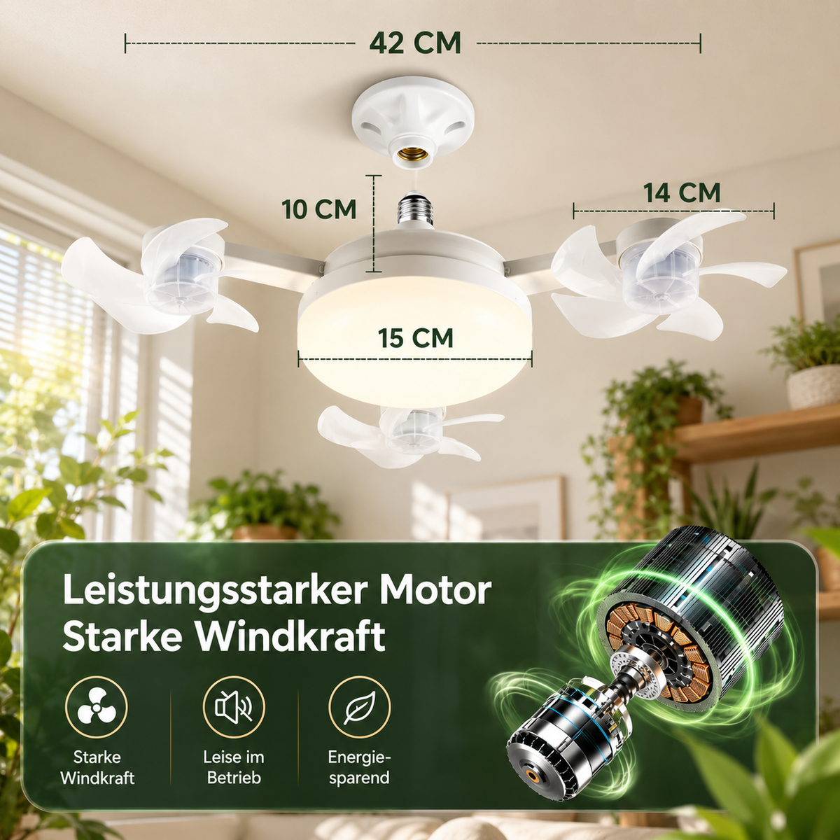Deckenventilator mit LED-Licht, leistungsstarkem leisem Motor und Maßen für die einfache Installation.