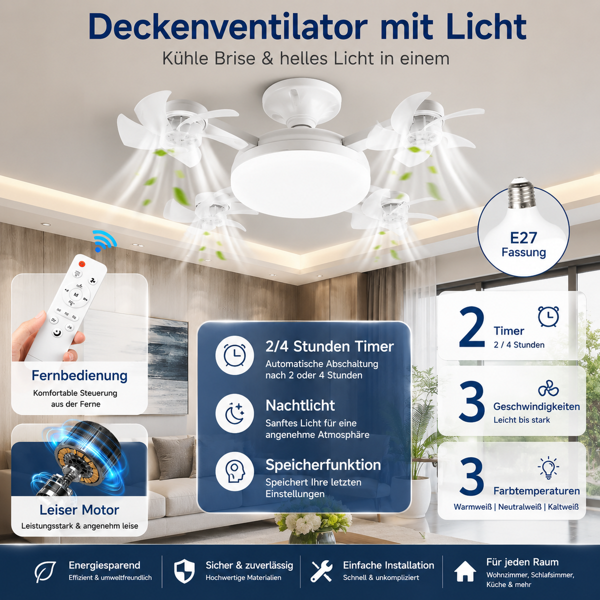 Deckenventilator mit Licht, Fernbedienung, E27-Fassung, Timer, drei Geschwindigkeiten und drei Lichtfarben.