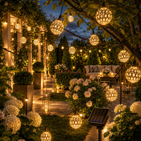 Dekorative Solar Lichterkette mit marokkanischen Kugeln und warmweißer LED-Beleuchtung für Garten und Terrasse
