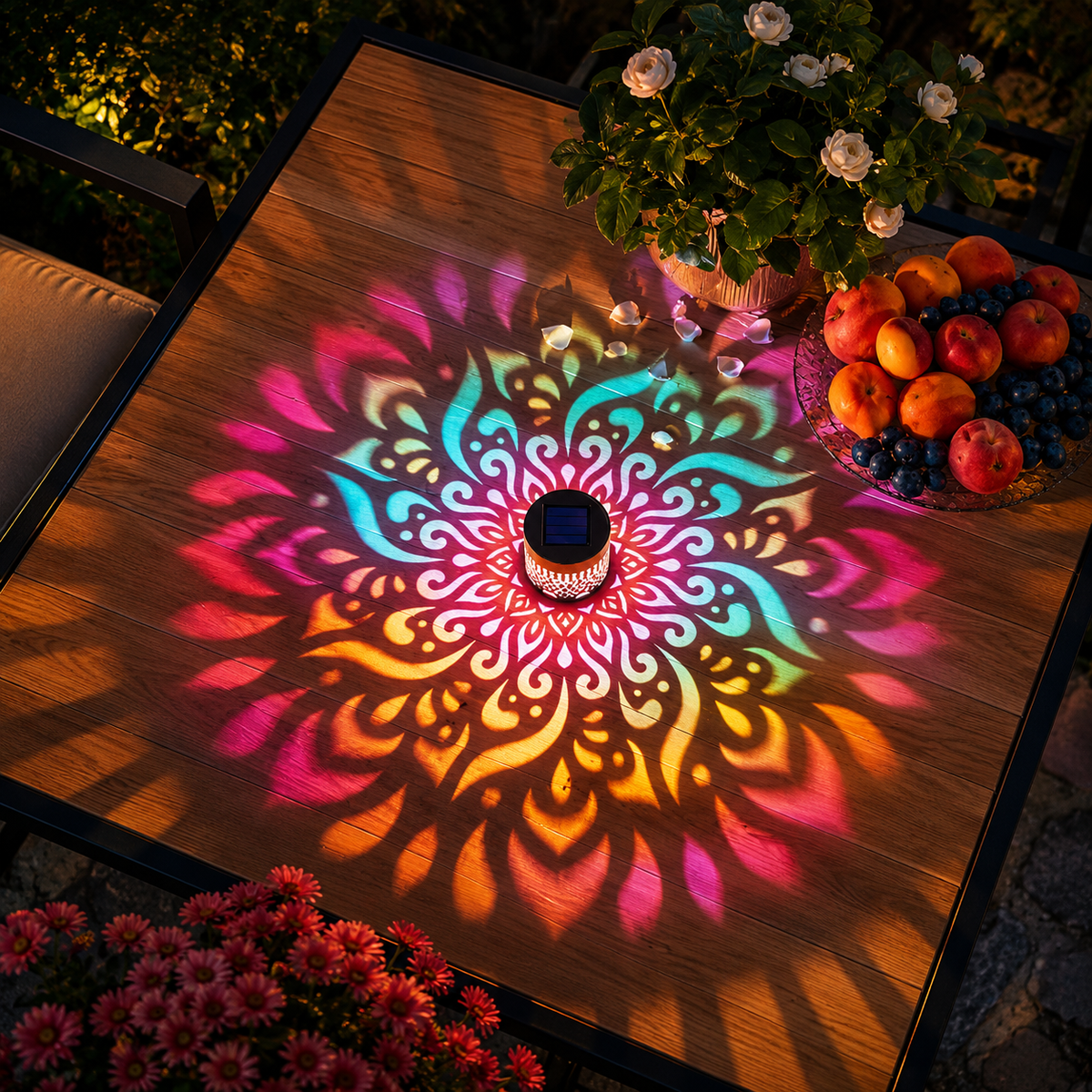 Dekorative Solarleuchte projiziert farbenfrohes Mandala-Lichtmuster auf einen Gartentisch
