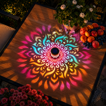 Dekorative Solarleuchte projiziert farbenfrohes Mandala-Lichtmuster auf einen Gartentisch
