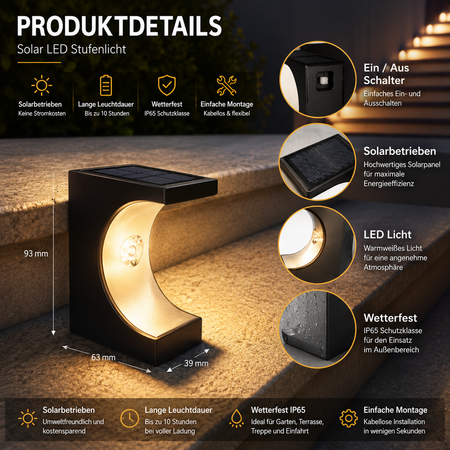 Detailansicht der Solar LED Stufenleuchte mit Solarpanel, Ein-/Aus-Schalter, LED-Licht, IP65-Wetterschutz und kompakten Abmessungen.
