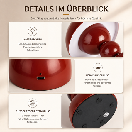 Detailansicht der kabellosen LED-Tischlampe mit hochwertigem Lampenschirm, USB-C-Anschluss und rutschfestem Standfuß.
