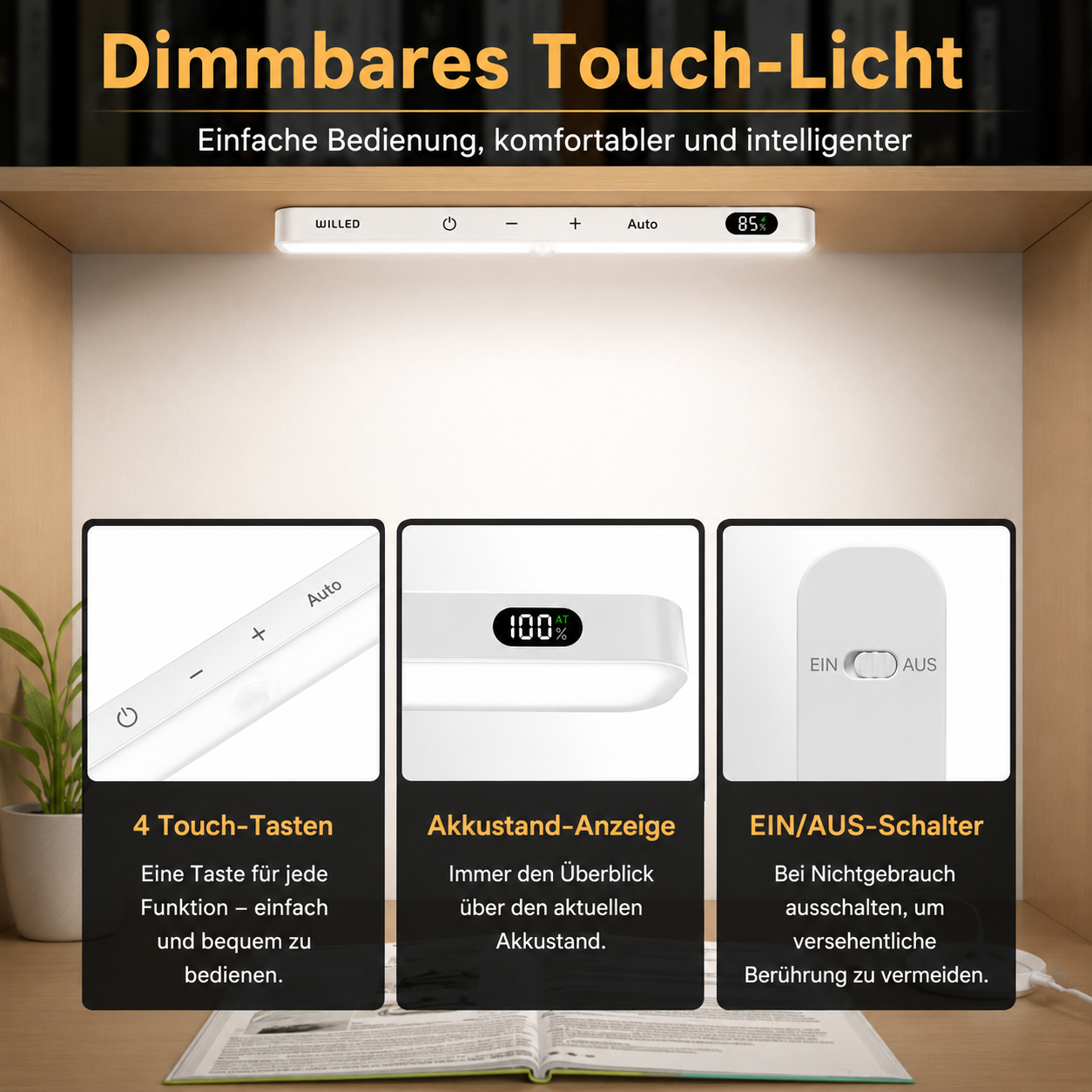 Dimmbare LED Schrankleuchte mit Touch-Bedienung und Akkustand-Anzeige
