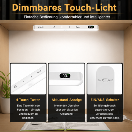 Dimmbare LED Schrankleuchte mit Touch-Bedienung und Akkustand-Anzeige
