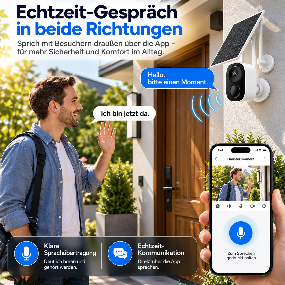 Überwachungskamera mit Zwei-Wege-Audio: Gespräch mit Besucher an der Haustür über die Smartphone-App