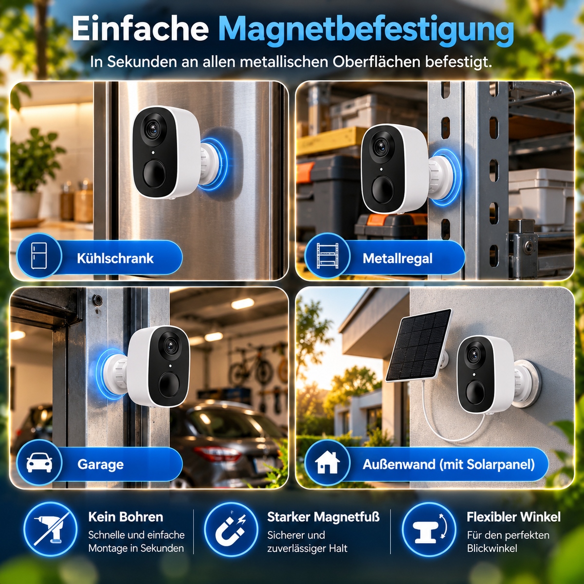 Überwachungskamera mit Magnethalterung an Kühlschrank, Metallregal, Garage und Außenwand montiert