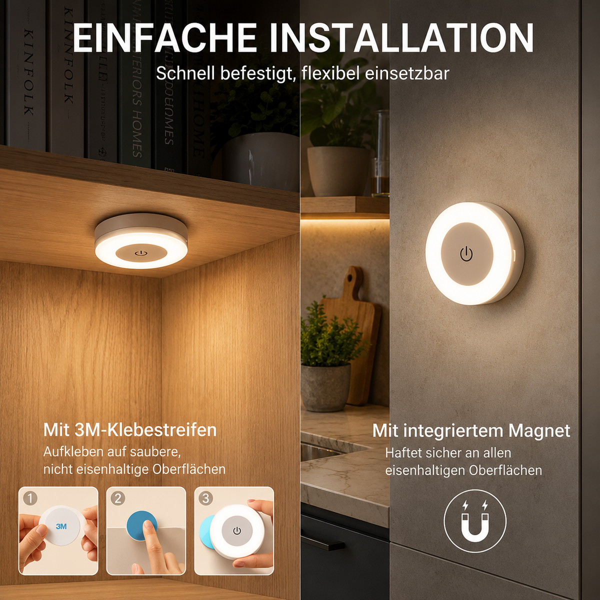 Einfache Montage der LED Nachtleuchte mit 3M Klebepad und integriertem Magnet
