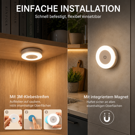 Einfache Montage der LED Nachtleuchte mit 3M Klebepad und integriertem Magnet
