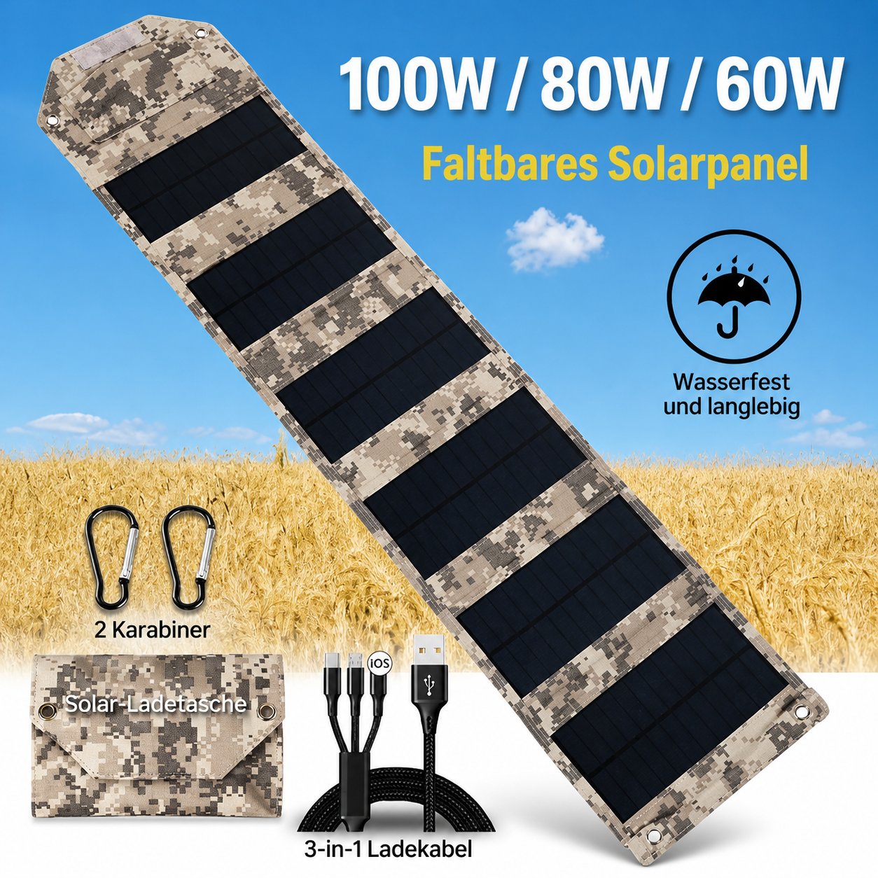 Faltbares Solarpanel erhältlich in 60W, 80W und 100W mit wasserdichtem Design, Solartasche und 3-in-1 Ladekabel.
