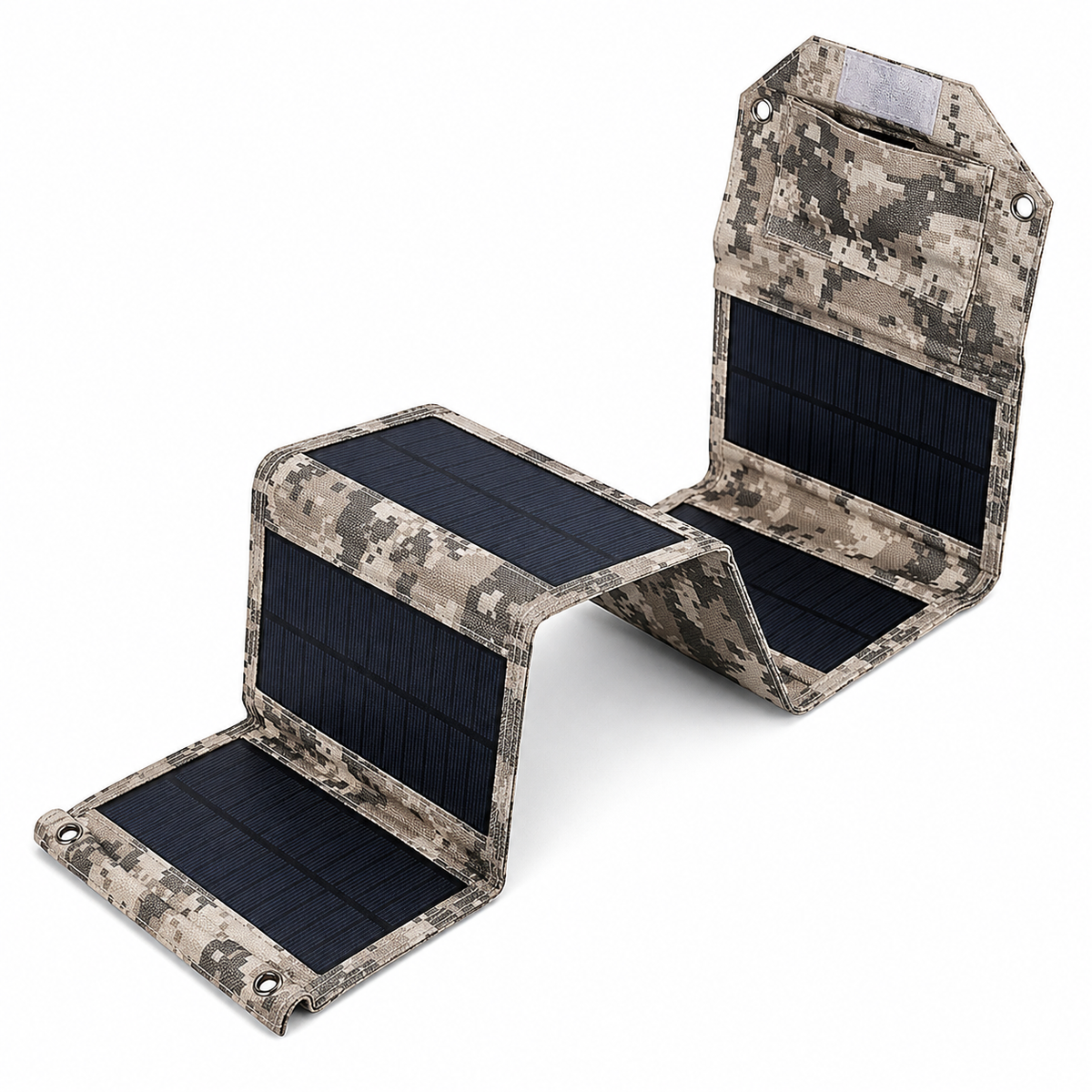 Faltbares Solarpanel halb aufgeklappt mit flexiblen Solarzellen und robustem Outdoor-Material.
