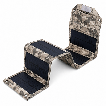 Faltbares Solarpanel halb aufgeklappt mit flexiblen Solarzellen und robustem Outdoor-Material.

