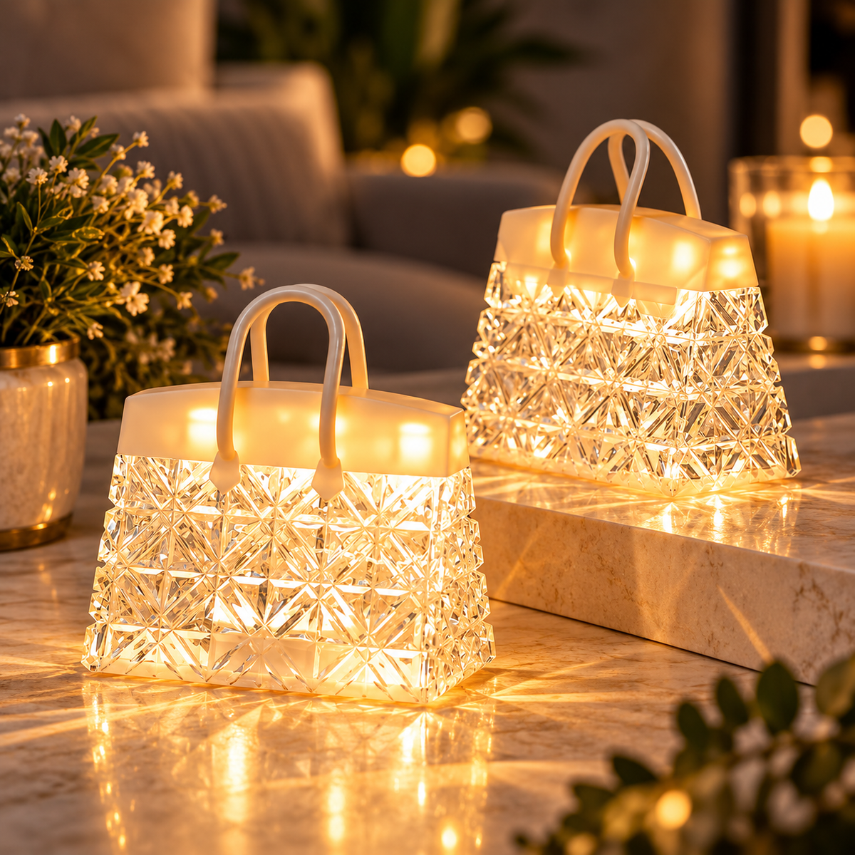 Zwei leuchtende Nachtlampen in Handtaschen-Form mit Kristall-Optik und warmweißem Licht auf einem Marmortisch