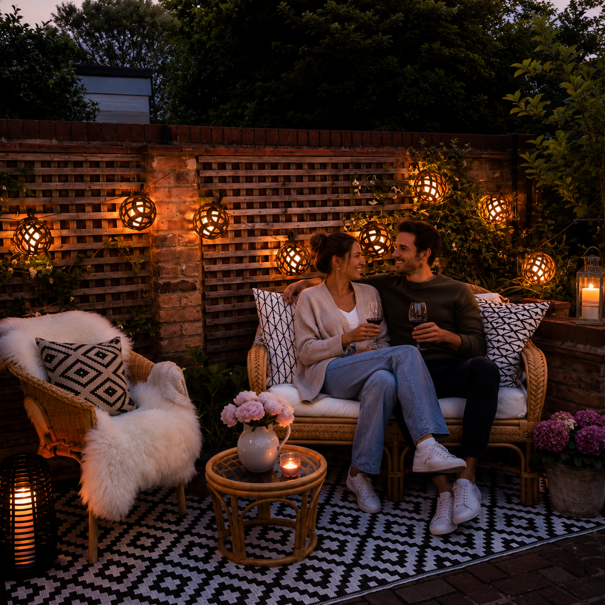 Gemütliche Terrasse mit Solar LED Flammen-Lichterkette, die eine warme und romantische Atmosphäre im Garten schafft.
