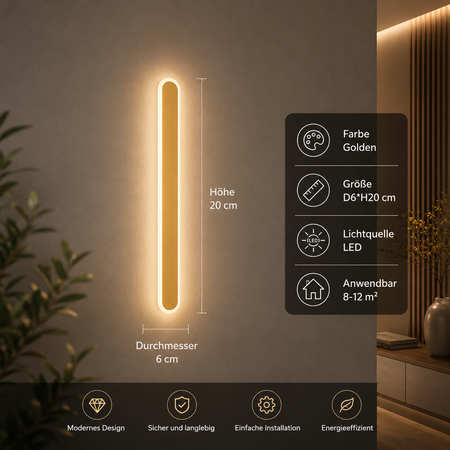 Goldene LED Wandleuchte 20 cm mit indirekter Beleuchtung für Wohnzimmer, Flur, Schlafzimmer oder Hotel.
