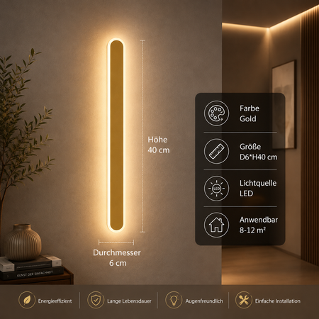 Goldene LED Wandleuchte 40 cm mit modernem Design und warmem indirektem Licht für stilvolle Innenräume.

