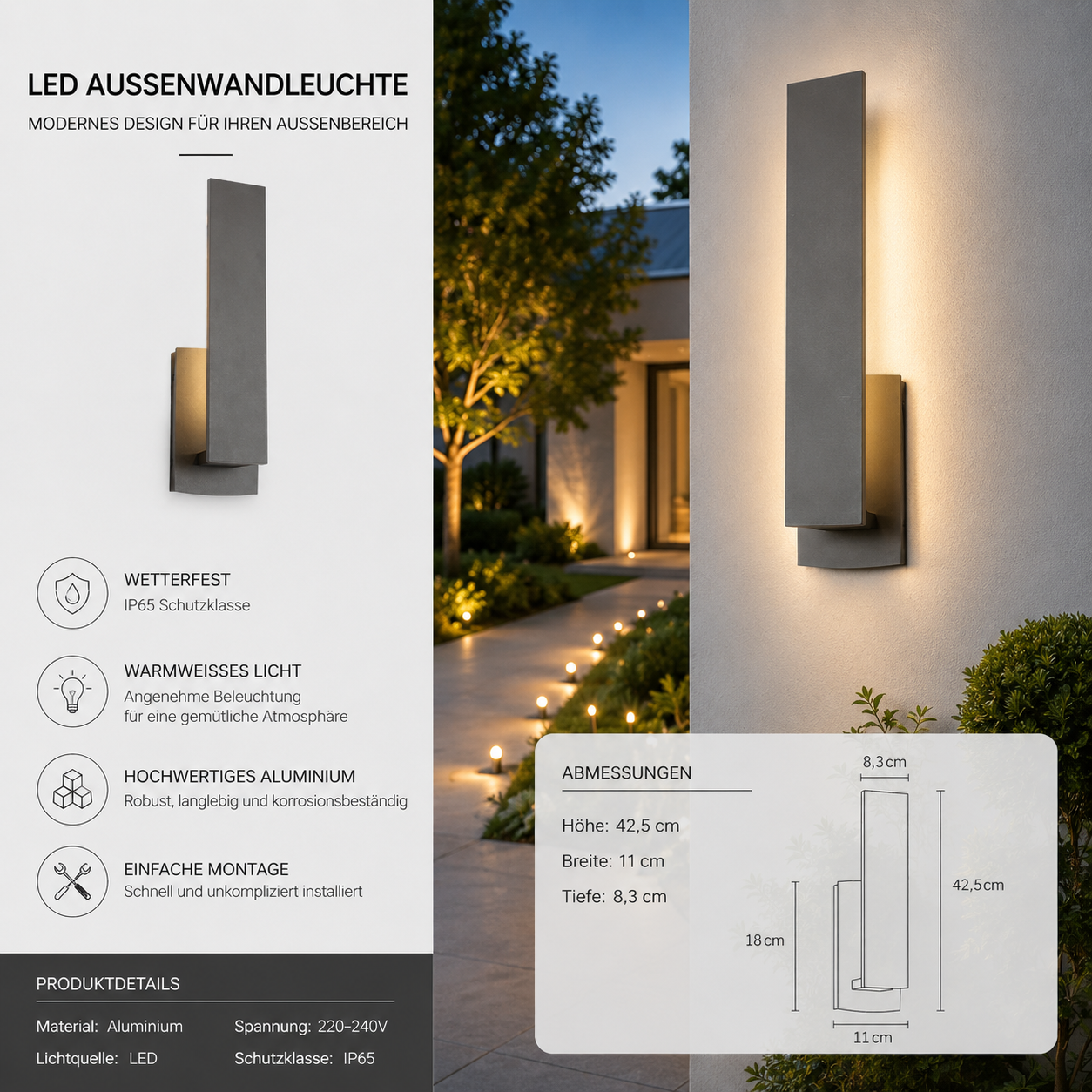Große LED-Außenwandleuchte 42,5 cm aus Aluminium mit warmweißem Licht, IP65-Schutz und Maßzeichnung für die Fassadenmontage.
