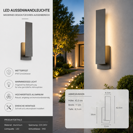 Große LED-Außenwandleuchte 42,5 cm aus Aluminium mit warmweißem Licht, IP65-Schutz und Maßzeichnung für die Fassadenmontage.
