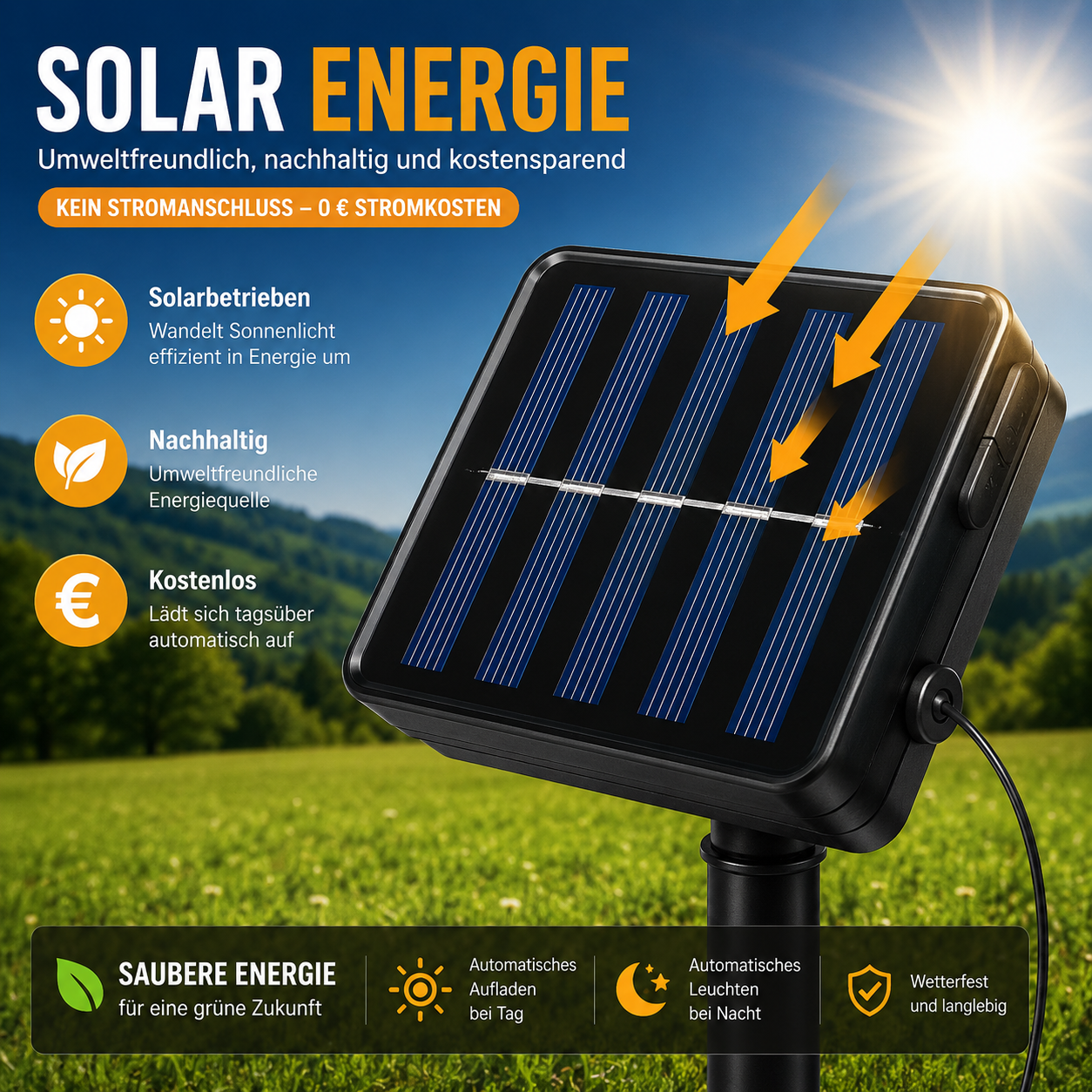 Hocheffizientes Solarpanel der Solar-Gartenlichter wandelt Sonnenlicht in Energie um und lädt den integrierten Akku zuverlässig für eine lange Leuchtdauer auf.
