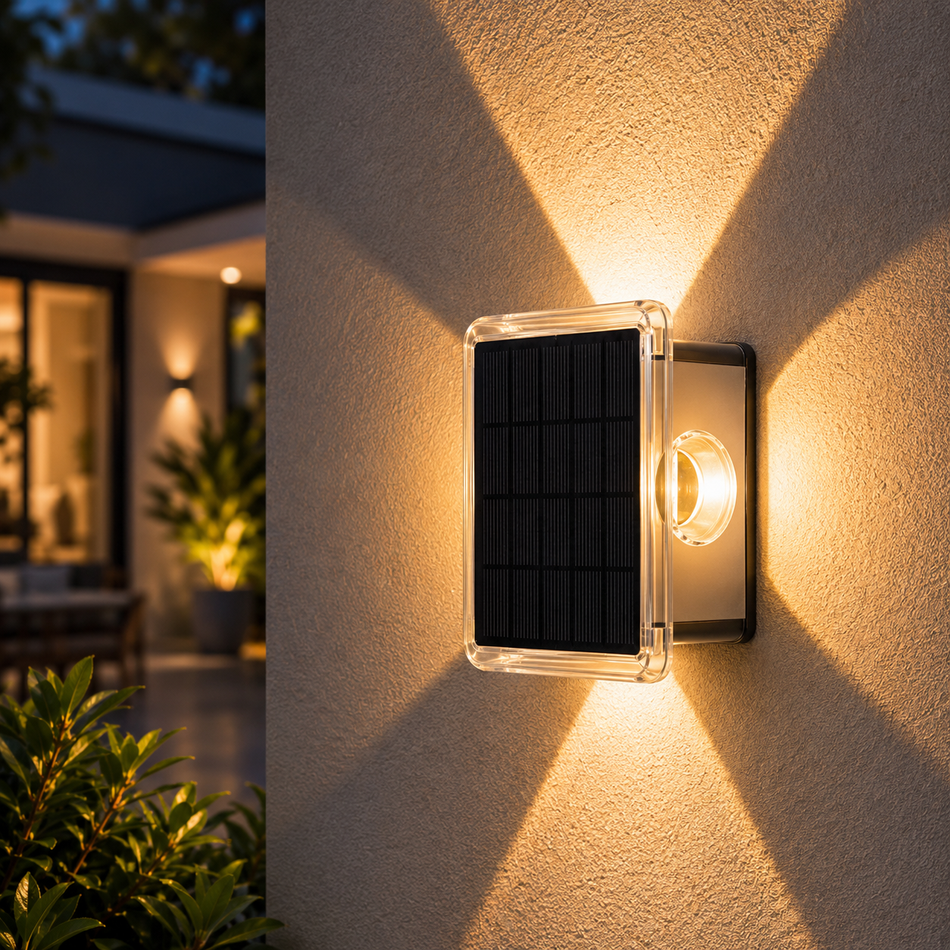 Solar Wandleuchte oben-unten, 4 LEDs, IP65, 3 Farben oder RGB