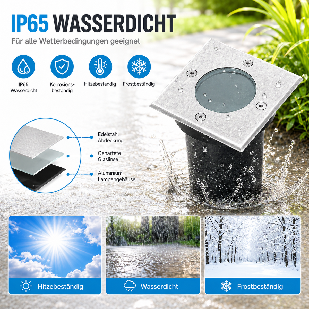 IP65 Bodeneinbauleuchte aus Edelstahl für den Außenbereich.
