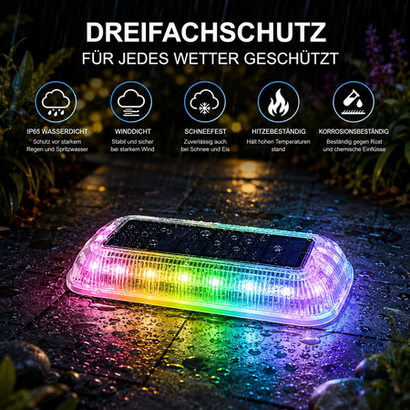 IP65 Solar Bodenleuchte mit RGB-Beleuchtung, wasserdicht, hitze- und schneebeständig für den ganzjährigen Außeneinsatz.
